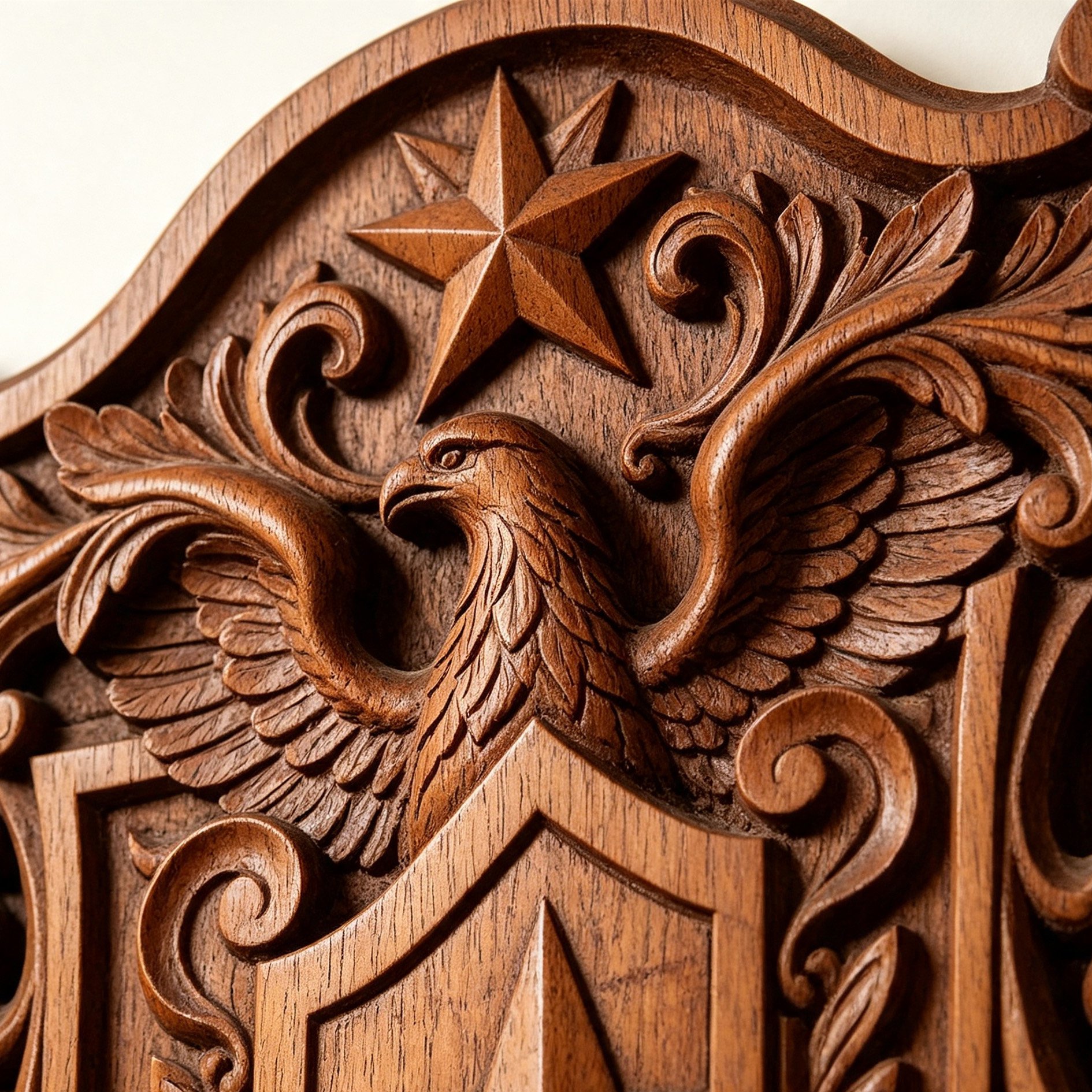 Close-up of carved eagle on wooden shield