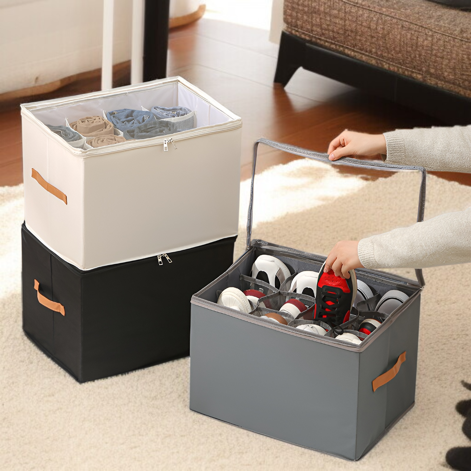 靴収納ボックス 折りたたみ式カバー付き 見える靴箱 多機能 仕切り付き 衣類 雑貨 収納ボックス