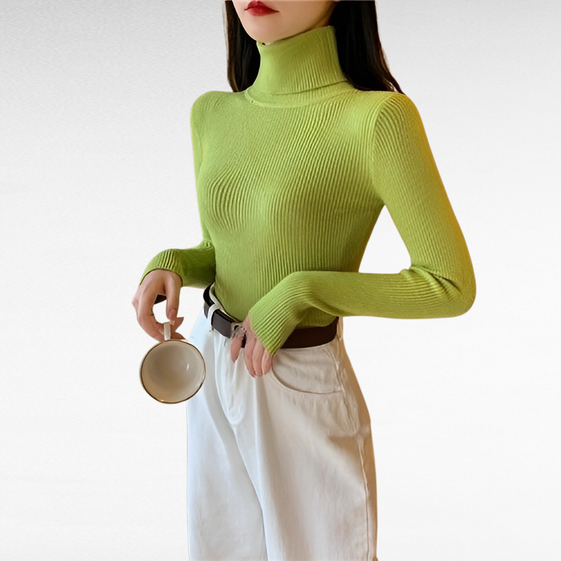 بلوفر نسائي بياقة عالية ضيق مناسب للخريف والشتاء بأكمام طويلة