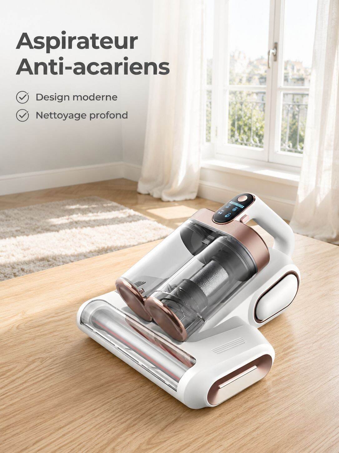 Aspirateur anti-acariens avec brosse rotative et filtre à double réservoir