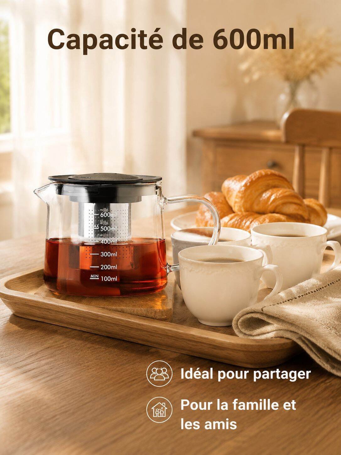 Grande cafetière en verre borosilicaté avec filtre en acier inoxydable