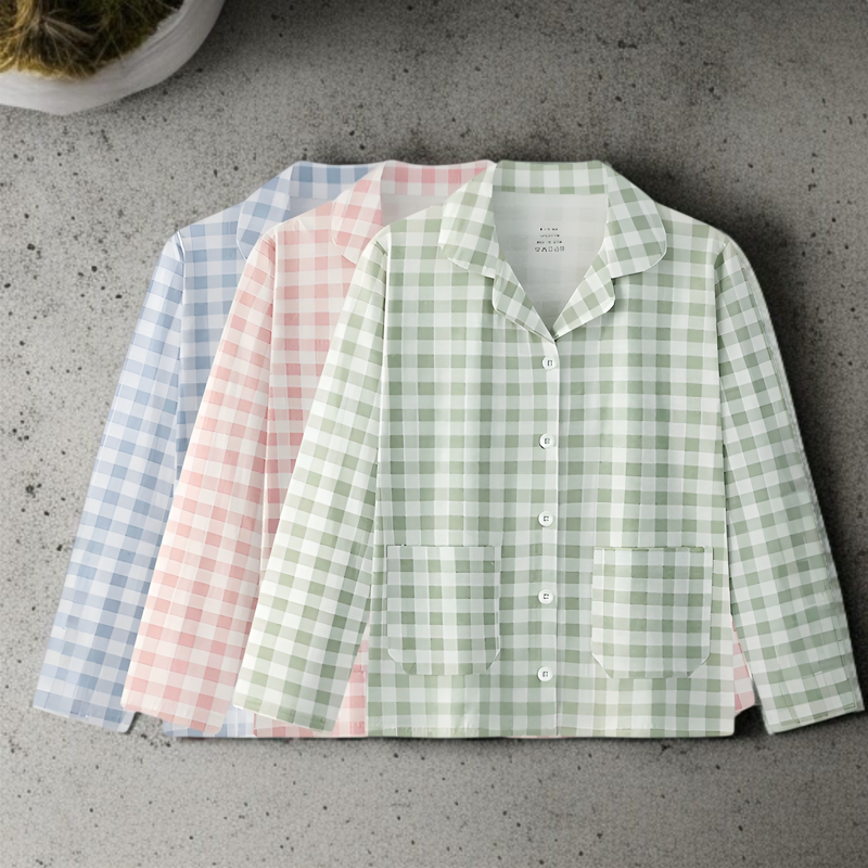 R-レディース秋冬コットンホームウェア春秋チェック柄新疆綿パジャマトップスアウターとしても着用できるゆったりオールマッチパジャマ