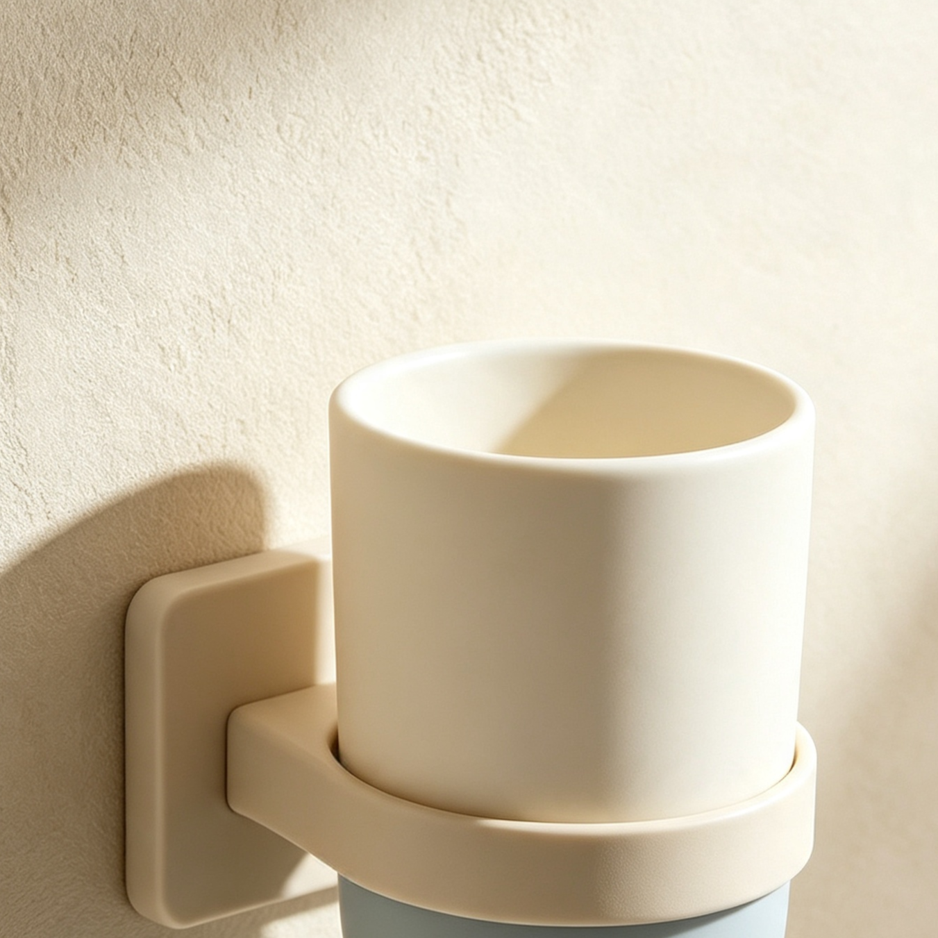 Close-up of colorful wall-mounted wash cups in a modern bathroom