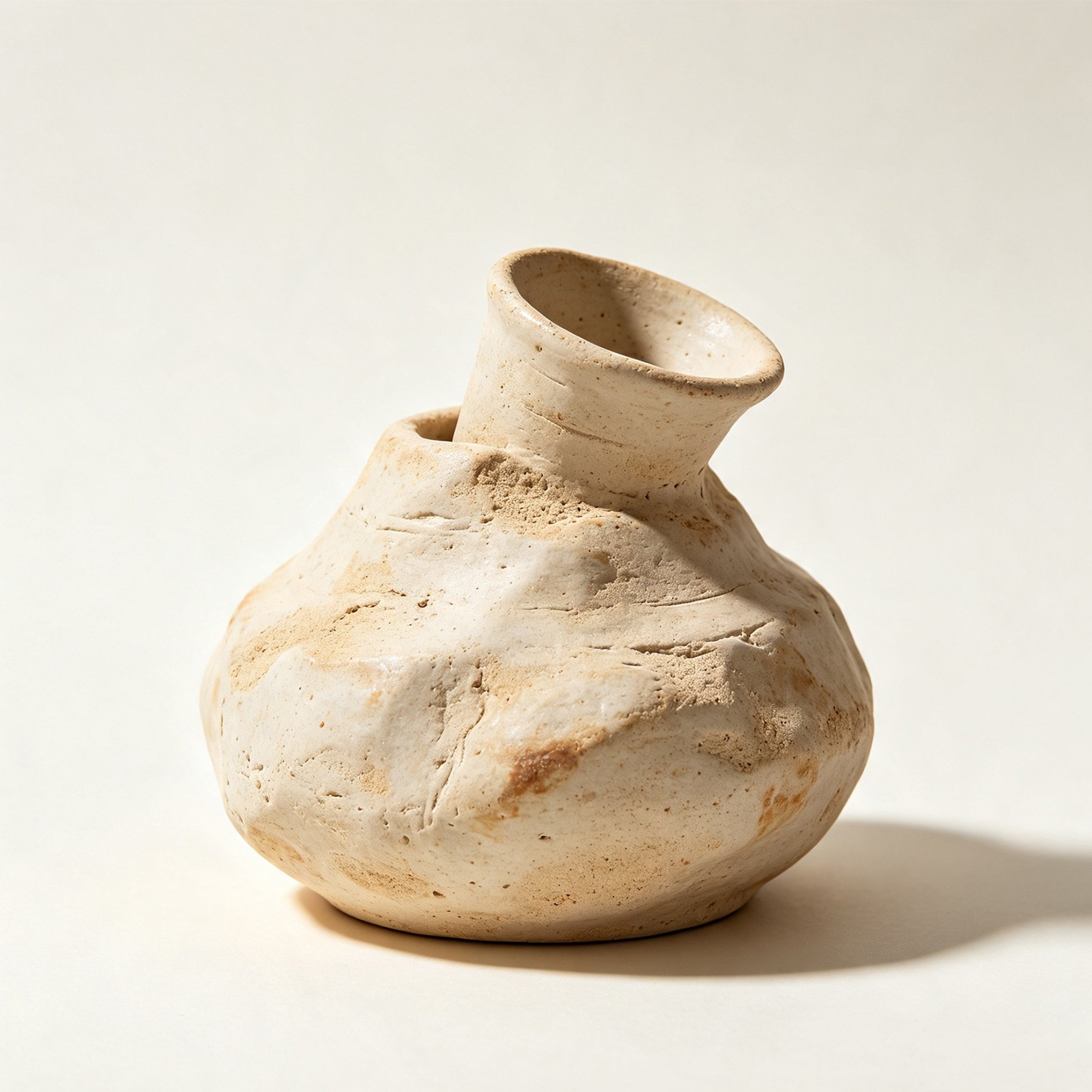 Irregular-shaped pottery vase on wooden table