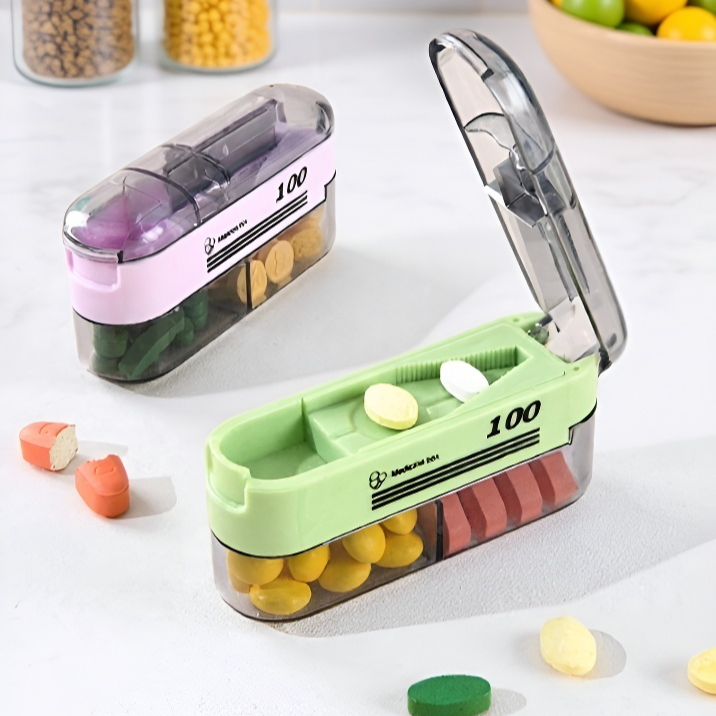 Organizador de pastillas compacto y seguro con cortador