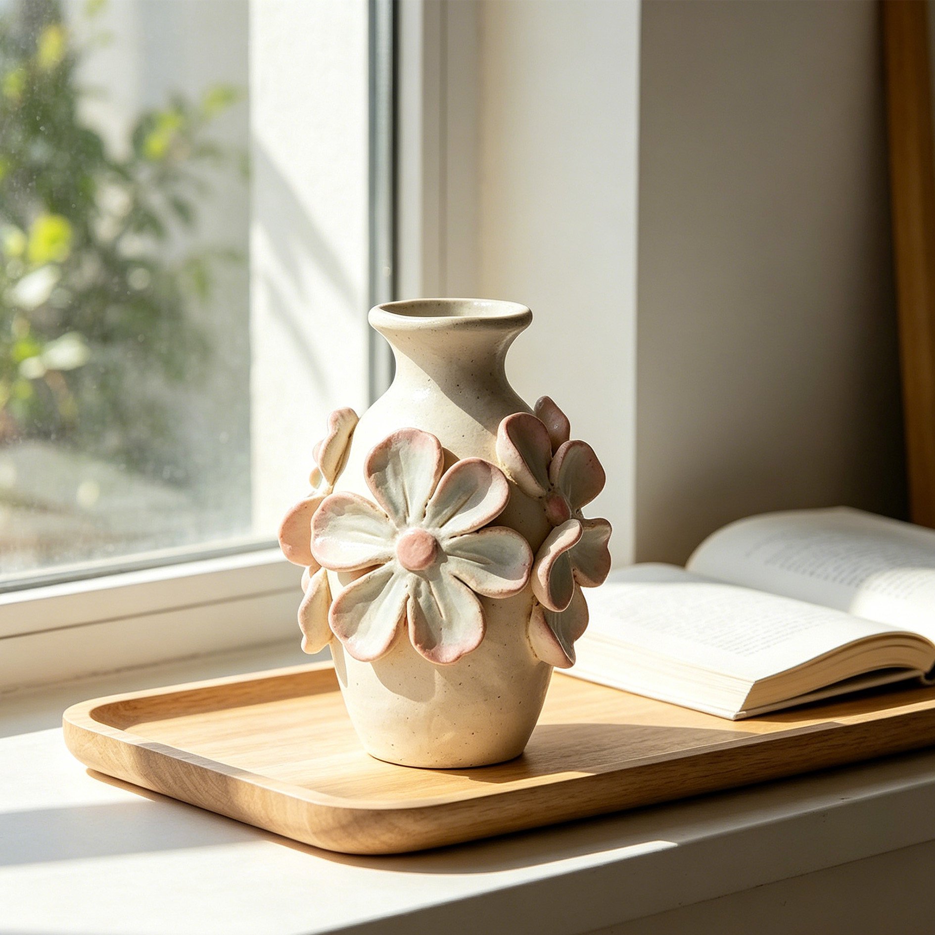 Elegant glass vase with fresh flowers arrangement
