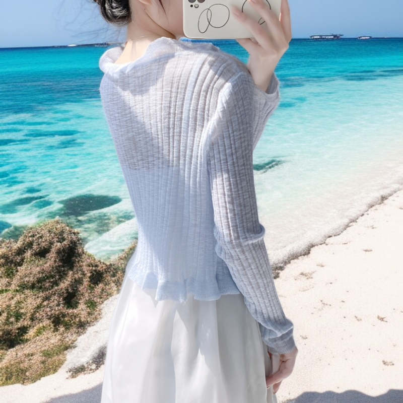 봄/여름 여성용 얇은 긴소매 리본 숏 가디건 세로 골지 프릴 커버업