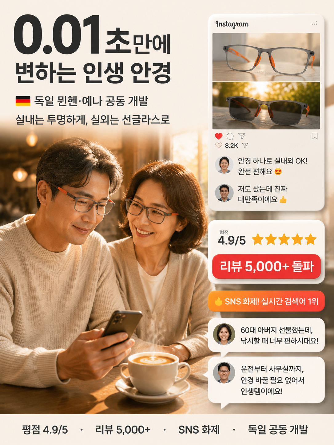 독일 기술로 완성한 다초점 안경, 복잡한 시력 검사나 맞춤 제작 없이도 1000도 이내라면 누구나 즉시 착용 가능하며, 개인의 시력에 맞게 초점이 스스로 조절됩니다!