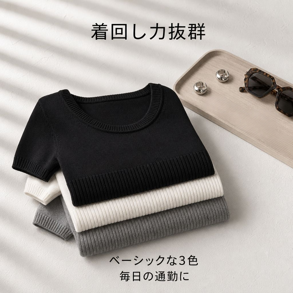 シンプルストレッチニット半袖トップス レディース