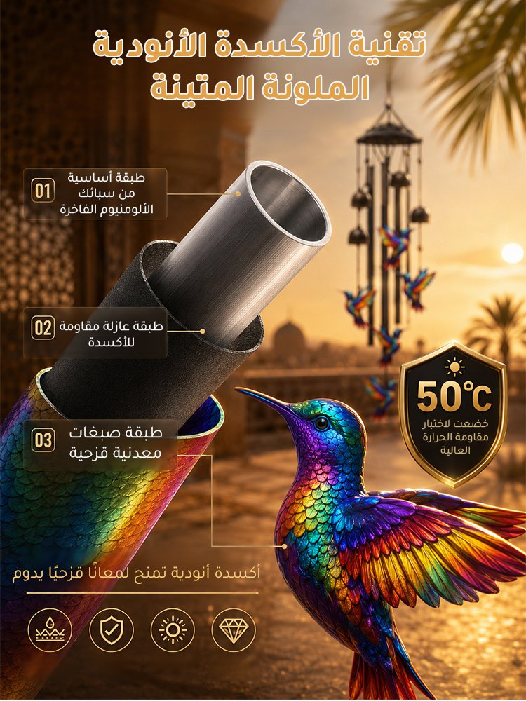 واحة ملكية فاخرة - أجراس الرياح الملونة بتصميم "طائر الطنان" للاستشفاء بالصوت بتردد 432 هرتز