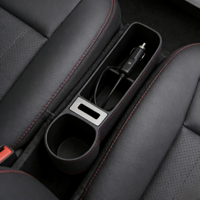 Wielofunkcyjny samochodowy organizer z ładowaniem USB i miejscem na kubek