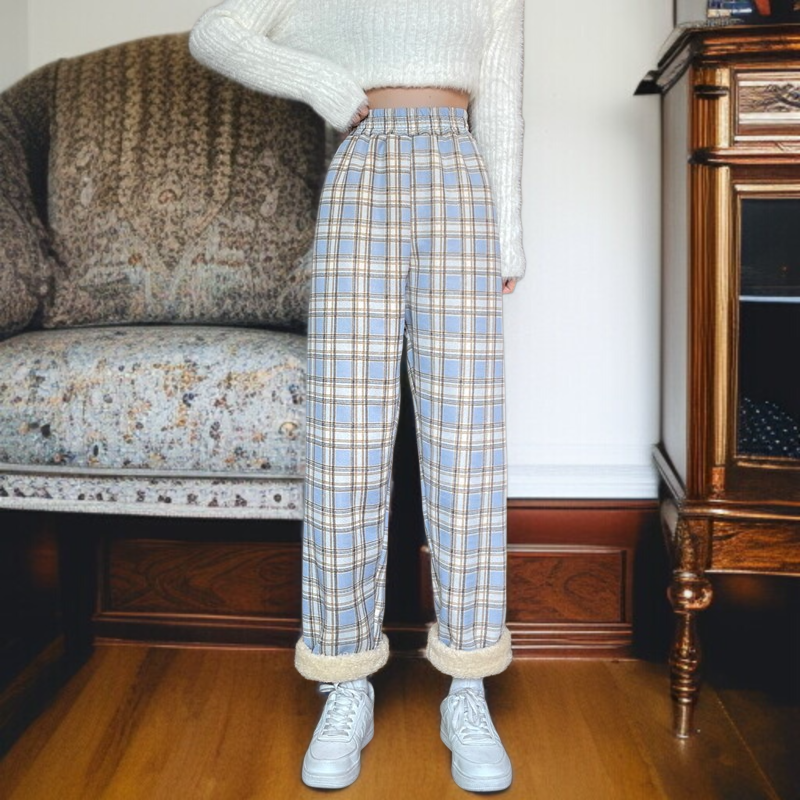 チェック柄パンツ女性秋冬新作ハイウエスト韓国版ゆったり薄手ワイドパンツパッド入りとろみカジュアルドラッグパンツ