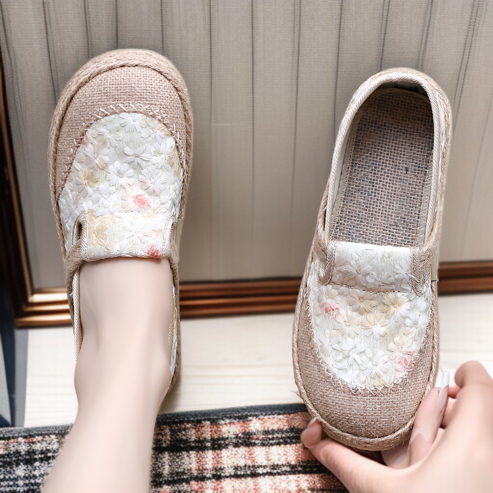 靴レディース春靴新しいエスニックスタイルの母靴リネン古い北京布靴ワンステップ通気性カジュアルシューズ