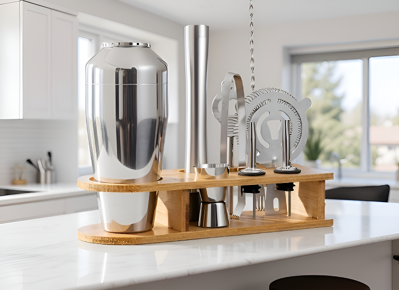 おしゃれなカクテルグラスとバーツールのセット