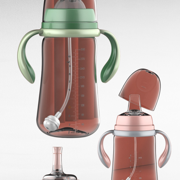 二色ハンドル広口ベビーフィーディングボトル（滑り止め設計）