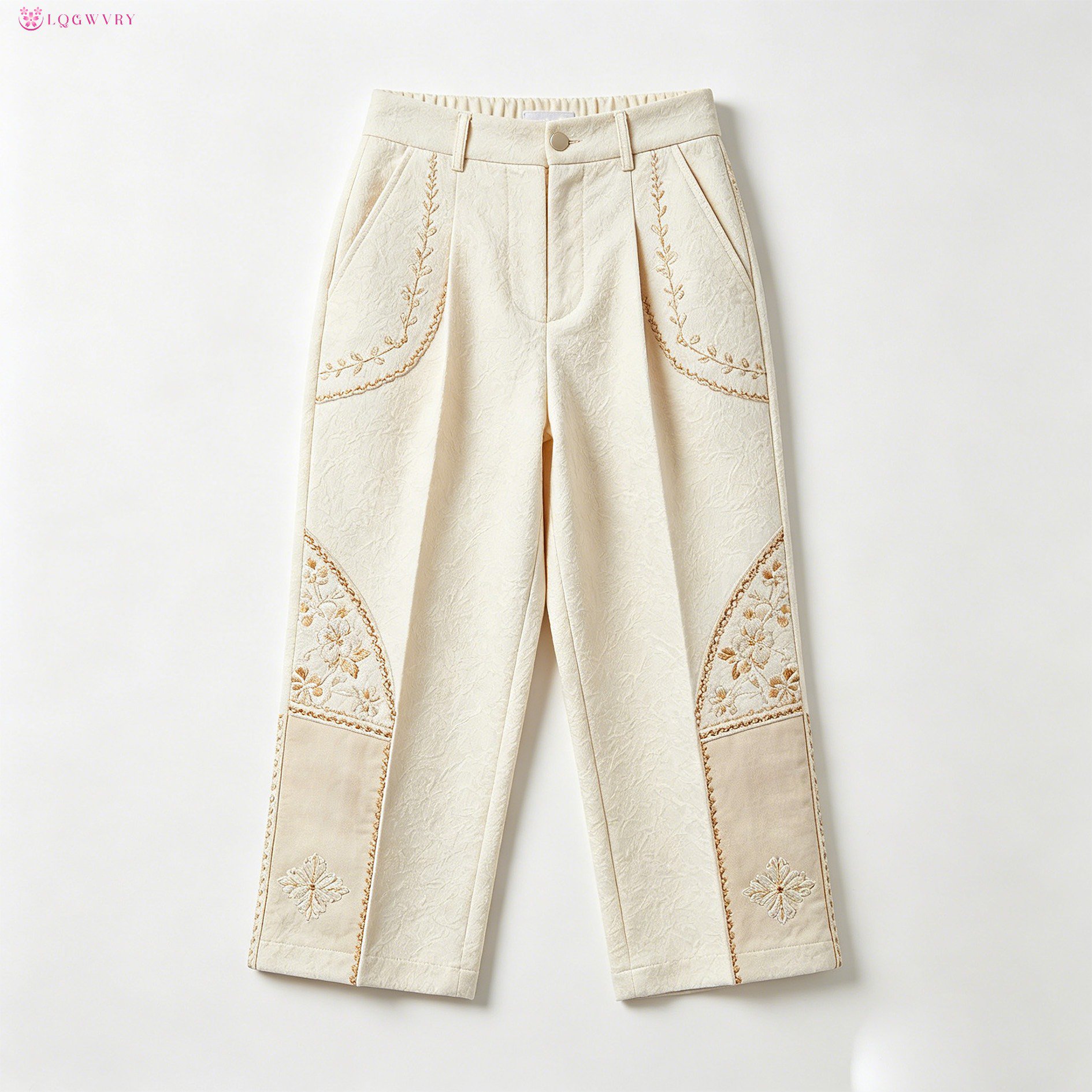 オフホワイトの刺繍入りストレートレッグパンツ