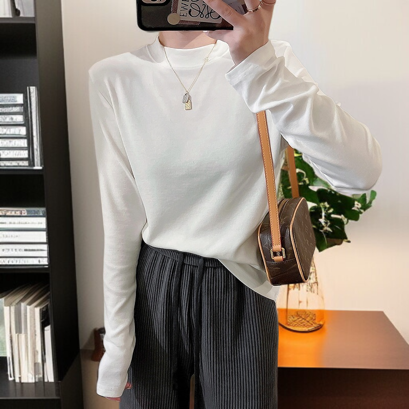スリムパッケージバックソリッドカラートップス秋と冬の長袖Tシャツボトミングシャツの女性の内側に小さなスタンドアップカラーフィットトップス