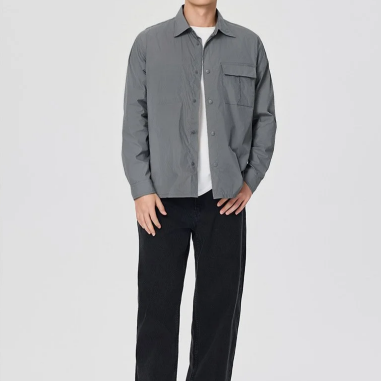 男士寬鬆長袖休閒襯衫夾克韓版純色工裝外套