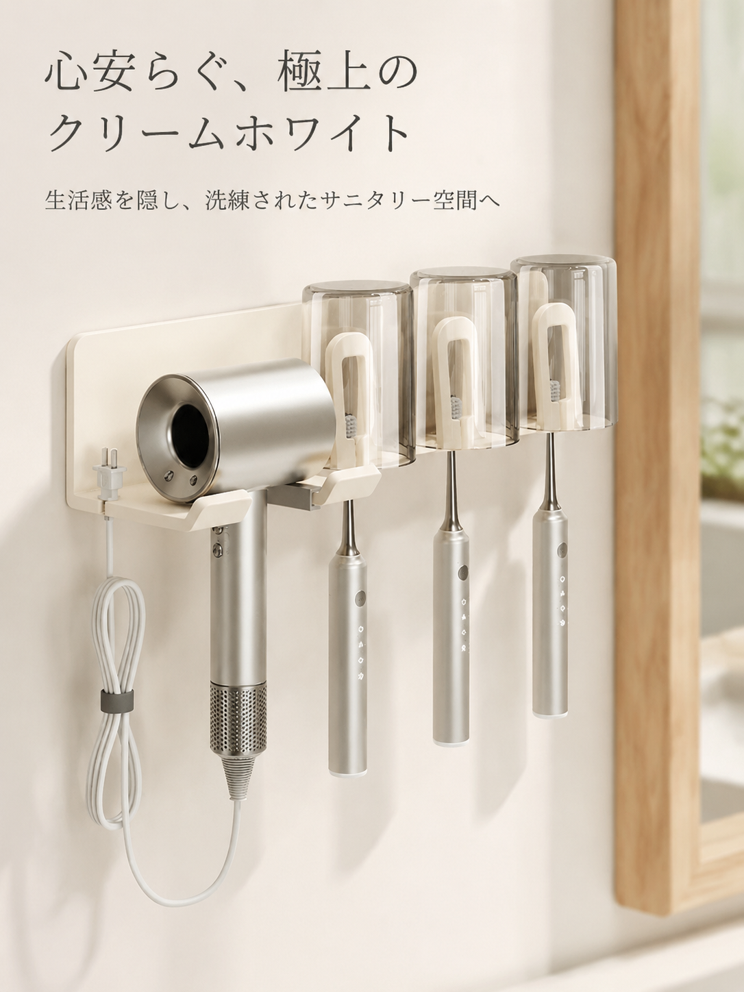 ノンホール電動ドライヤー歯ブラシホルダー コップ一体型バスルーム壁掛け収納ラック