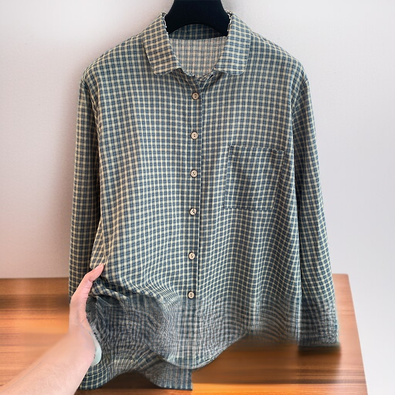 새로운 아티스틱 루즈 플레드 라펠 긴팔 셔츠