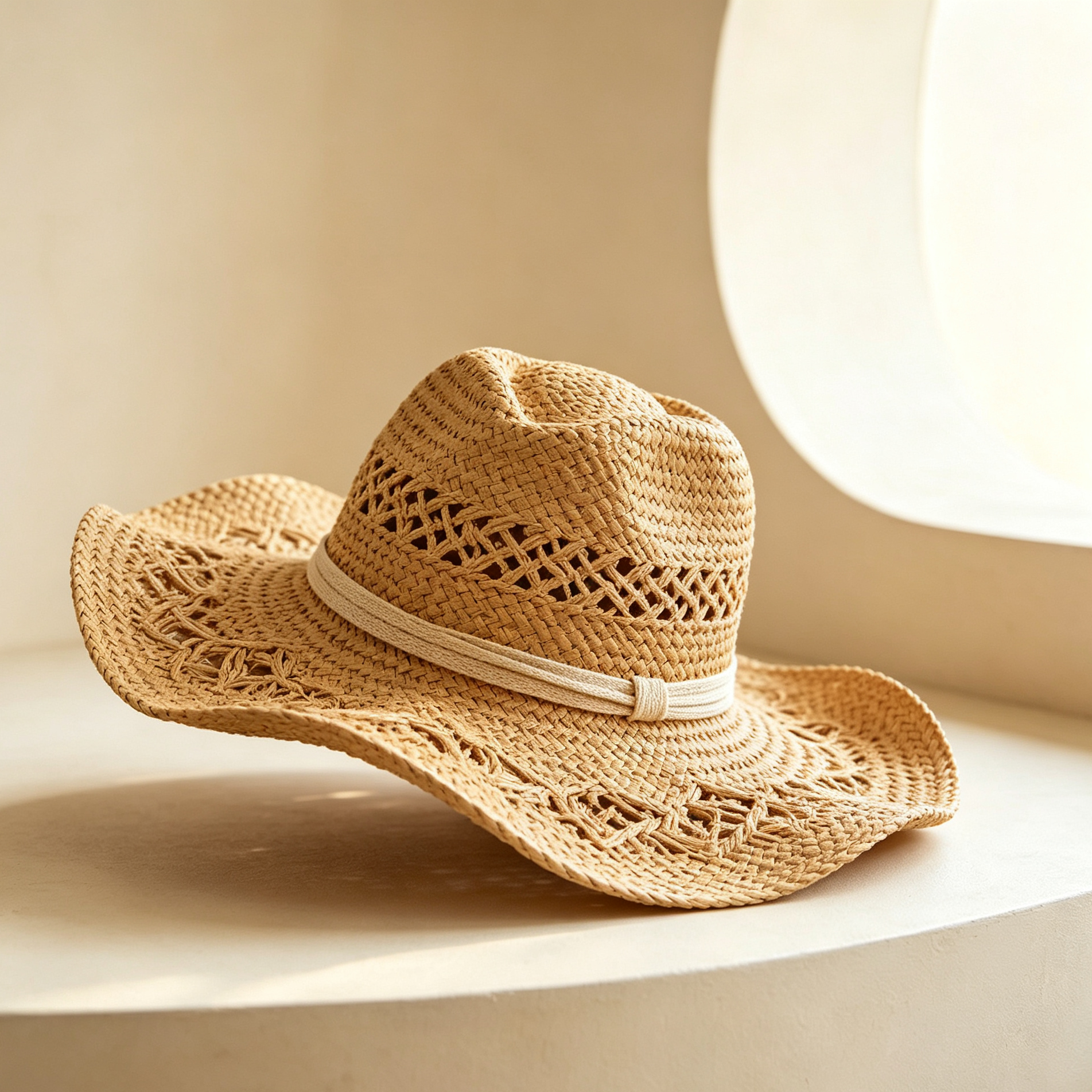 Set of 3 openwork woven vacation straw hats displayed on a table