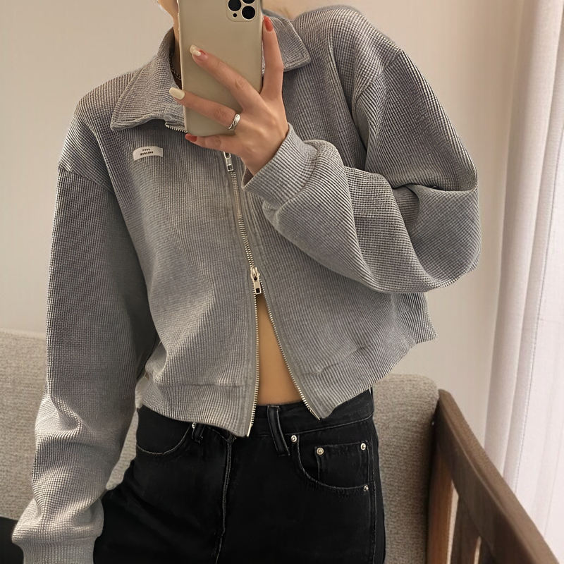 女性用ジッパー付きスポーツワッフルジャケット、春と秋のスタイル、万能カーディガン、学生向けの新しいスタイル、ショートトップス