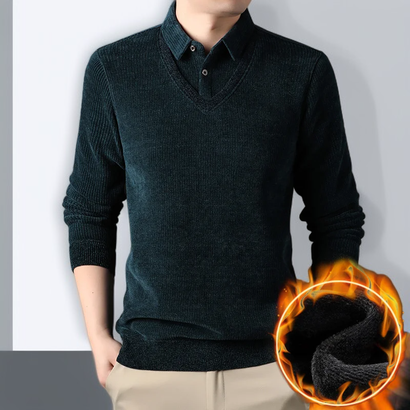 남성 가짜 두 벌 기모 니트 베이스 스웨터