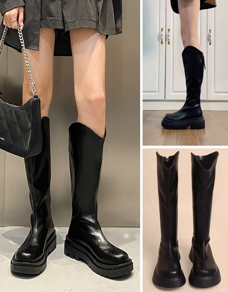 V 입후 바닥 슬림 가죽 부츠