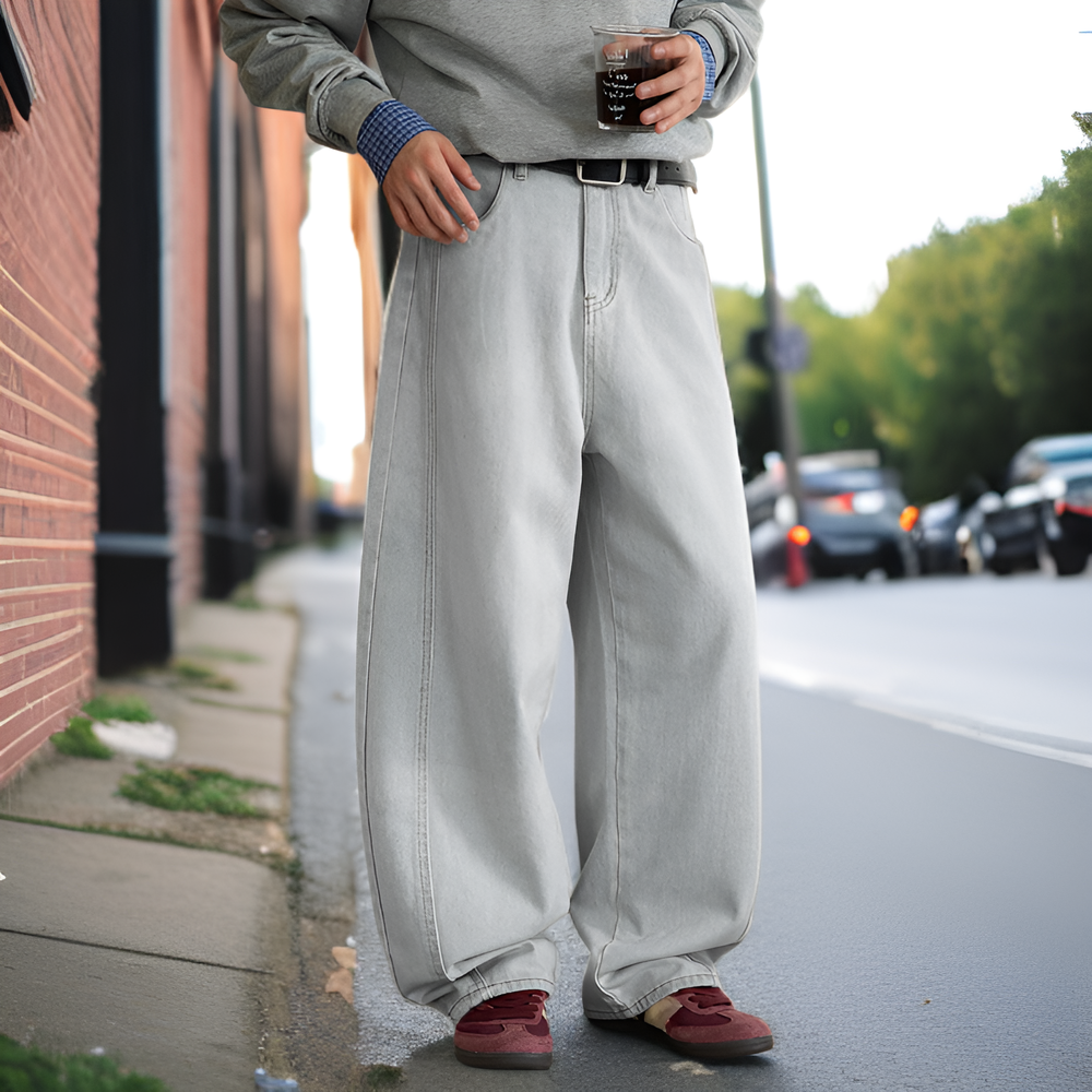 春新作メンズ分割パッチワークワイドシルエットデニムパンツ