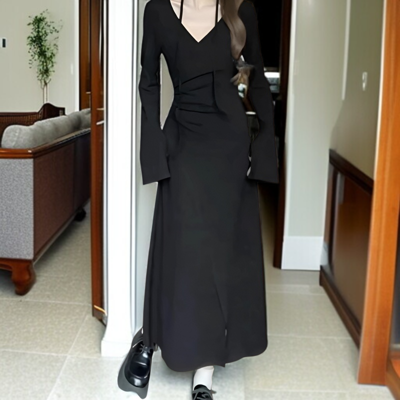 여성 밴딩 허리 긴팔 원피스 전체 모습