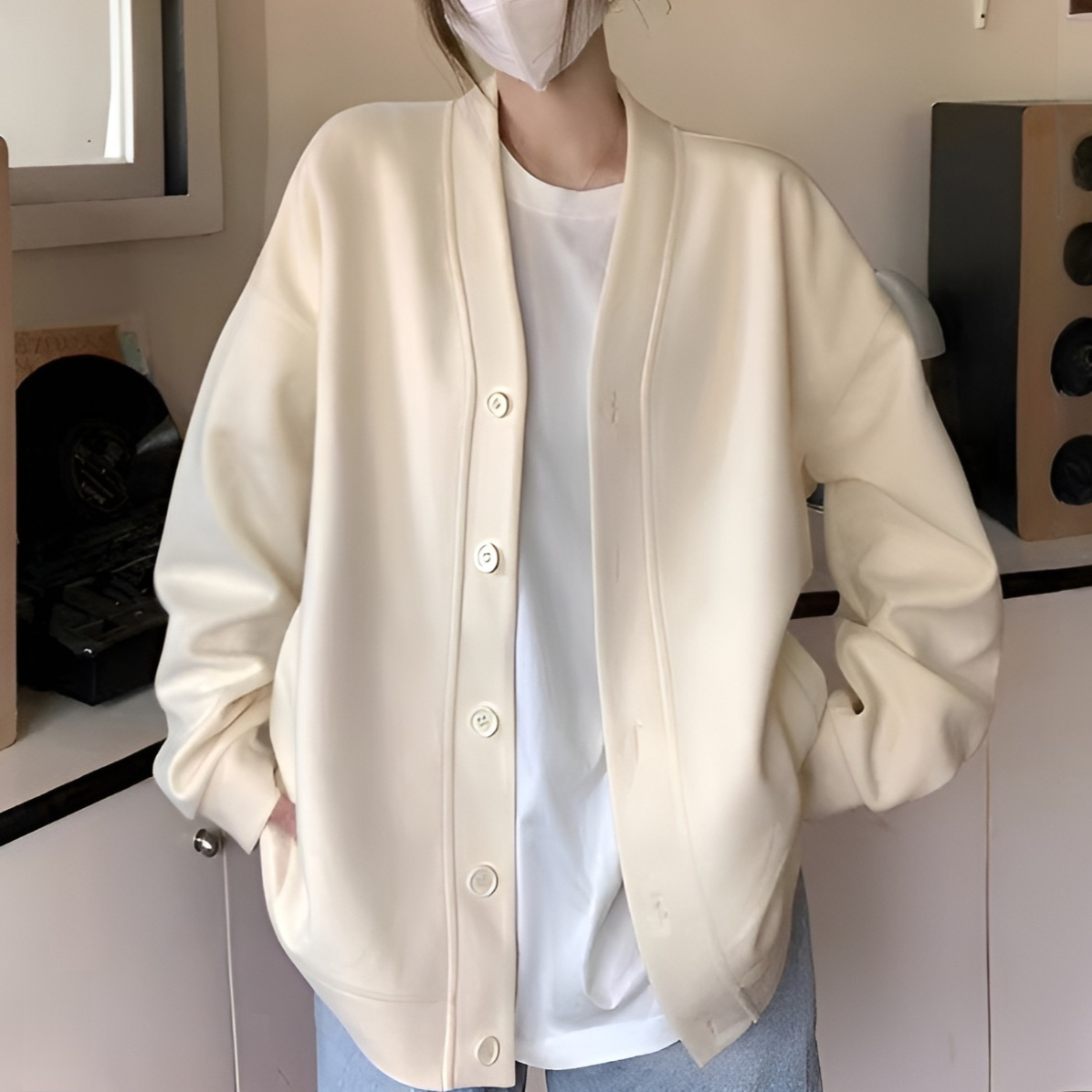レディース韓国風Vネックカーディガン 三色 スウェットアウター 2024年春秋新作