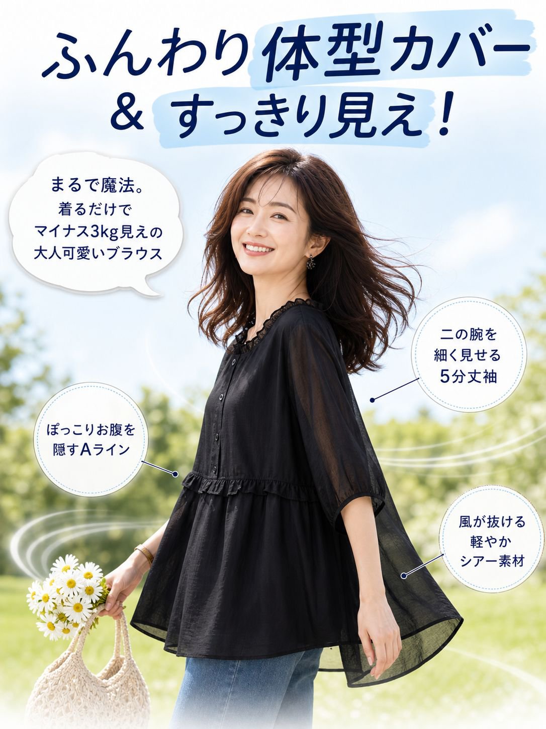 ゆったりとした黒の半袖レディーストップス
