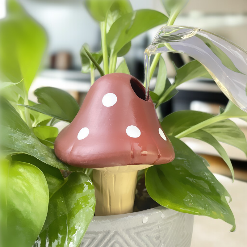 レッド陶器なまけもの自動給水器4号 4色キノコ自動給水陶器