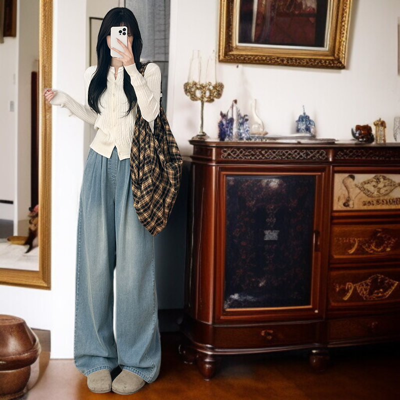 봄가을 하이웨스트 날씬해 보이는 주름 텐셀 와이드 팬츠 처짐 여성 청바지