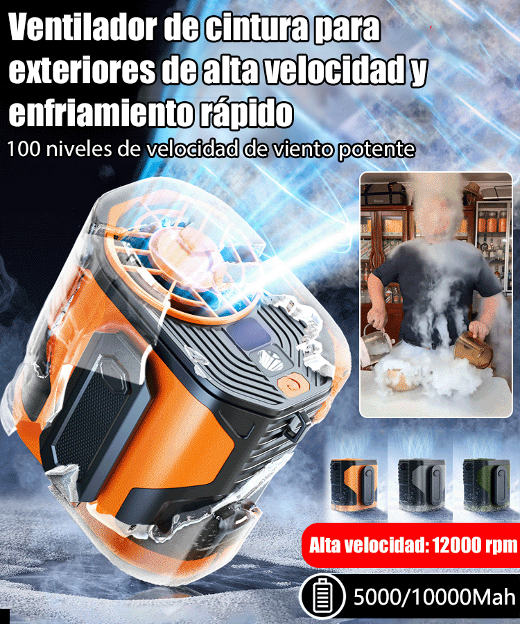 Ventilador de Cintura 3 en 1 (4000mAh): Enfriamiento Rápido 100 Velocidades + Power Bank + Linterna
