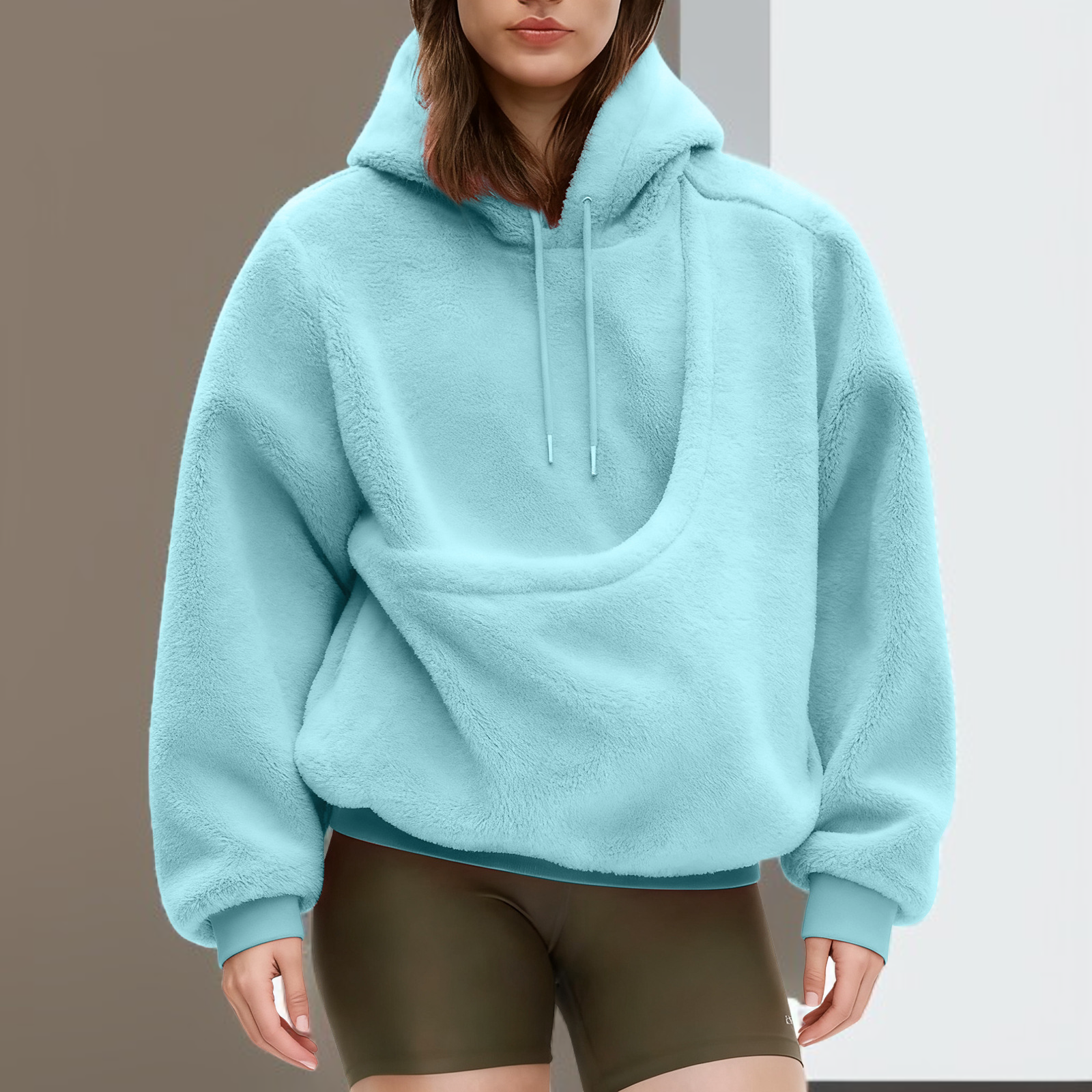 여성용 단색 후드 플리스 풀오버 스웨트셔츠