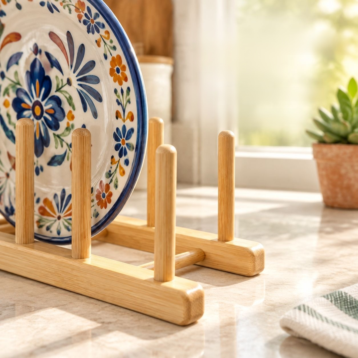 Escurridor de platos de bambú decorando una cocina minimalista