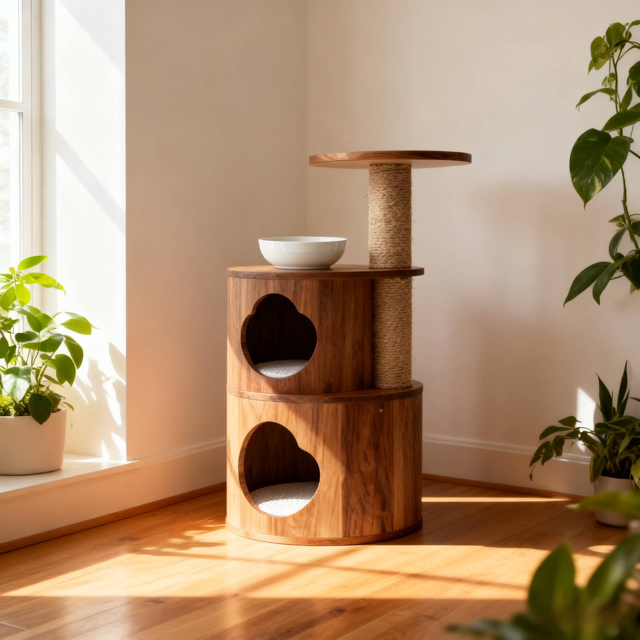 Dřevěná kočičí konstrukce s pelíškem a škrabadlem pro velké kočky