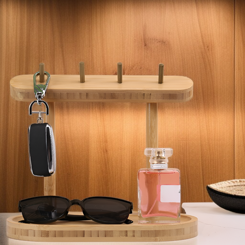 Wooden Key Hook Rack & Small Items Organizer, Clock & Jewelry Display Stand for Entryway