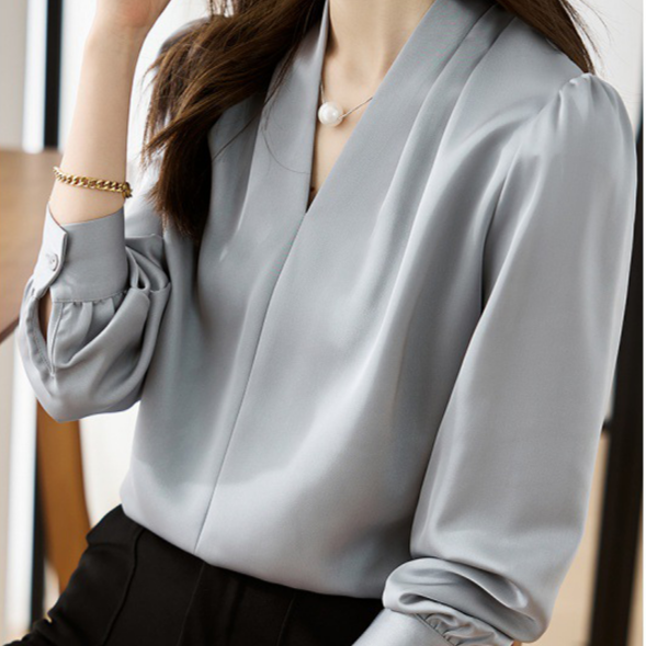 女士秋季通勤V領緞面雪紡襯衫 氣質上衣