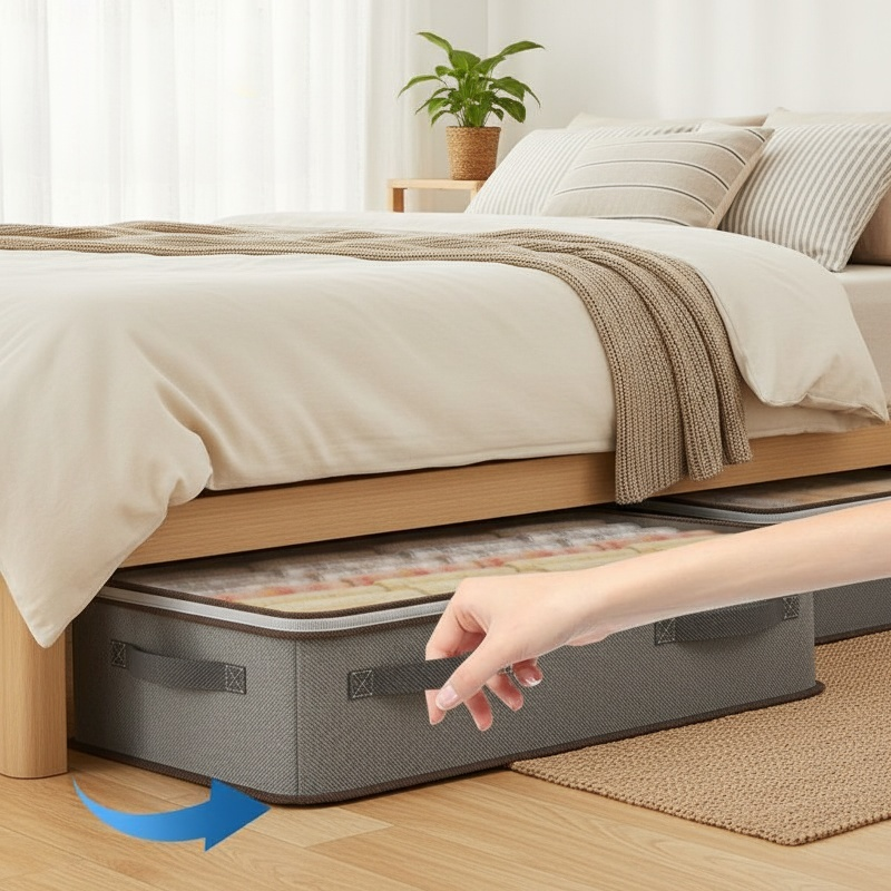 침대 밑 수납함 패브릭 접이식 투명 커버 침대 아래 이불 수납함 부직포 의류 신발 케이스