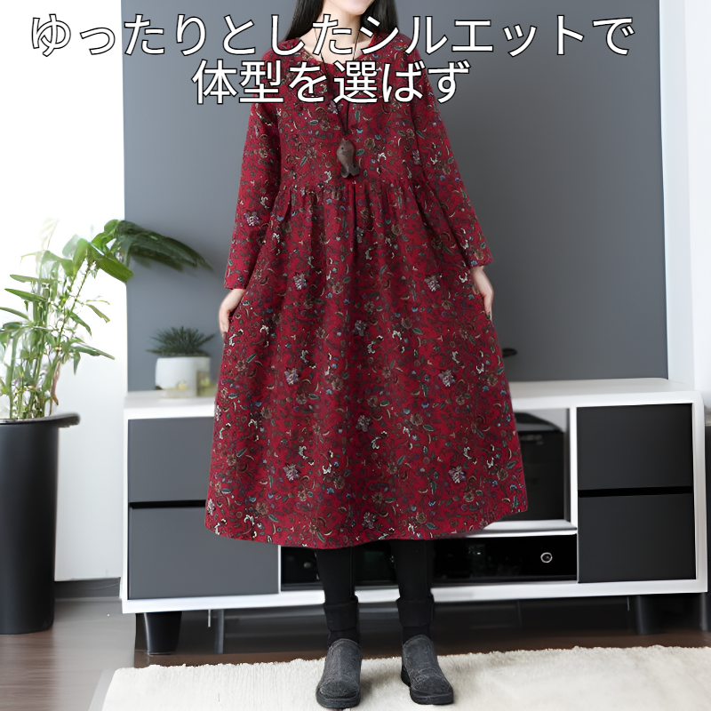 ゆったりヴィンテージコットンリネンプリントワンピース レディース春新作 長袖マキシドレス