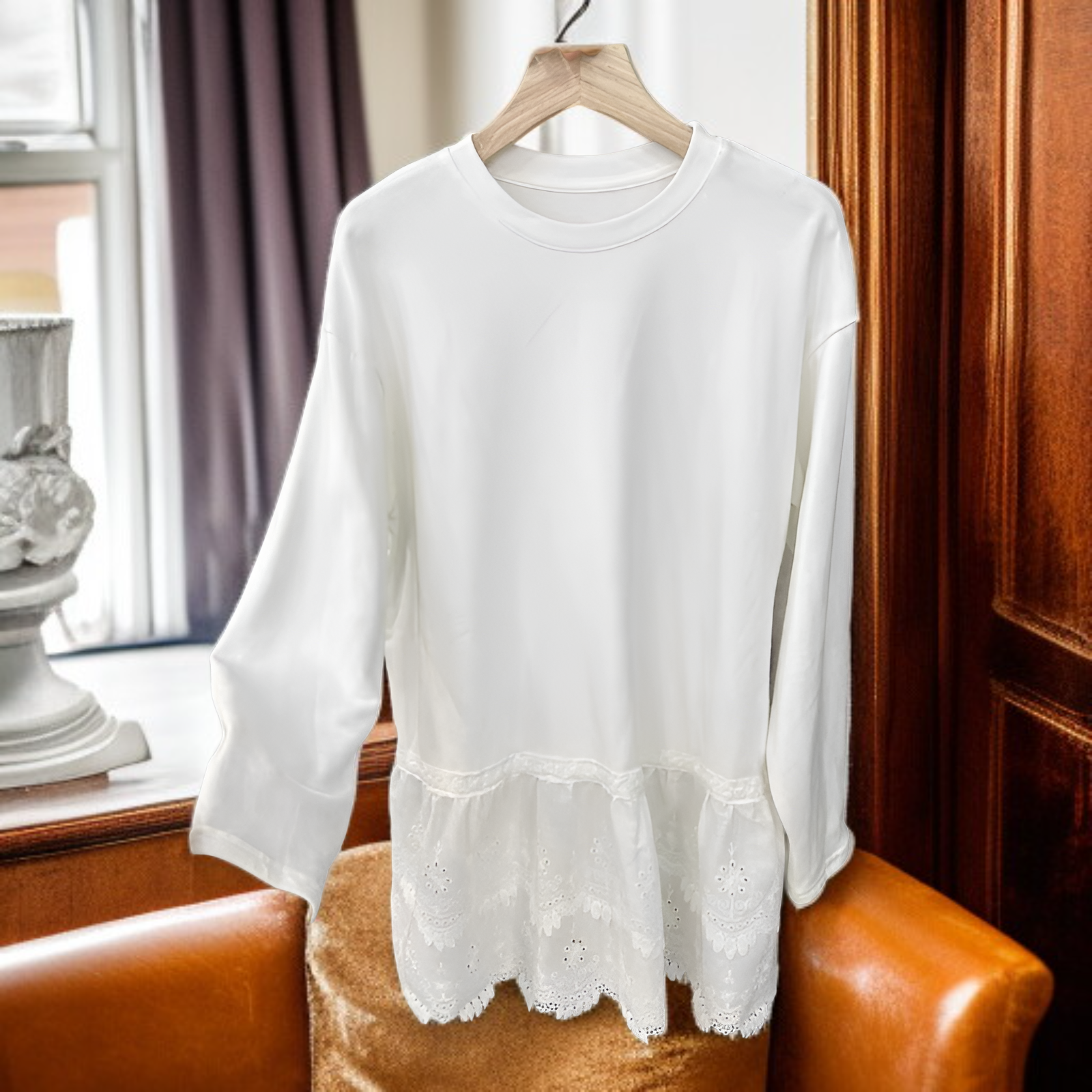 冬用レースヘムゆったり長袖Tシャツ レディース デロン素材スリム見せトップス