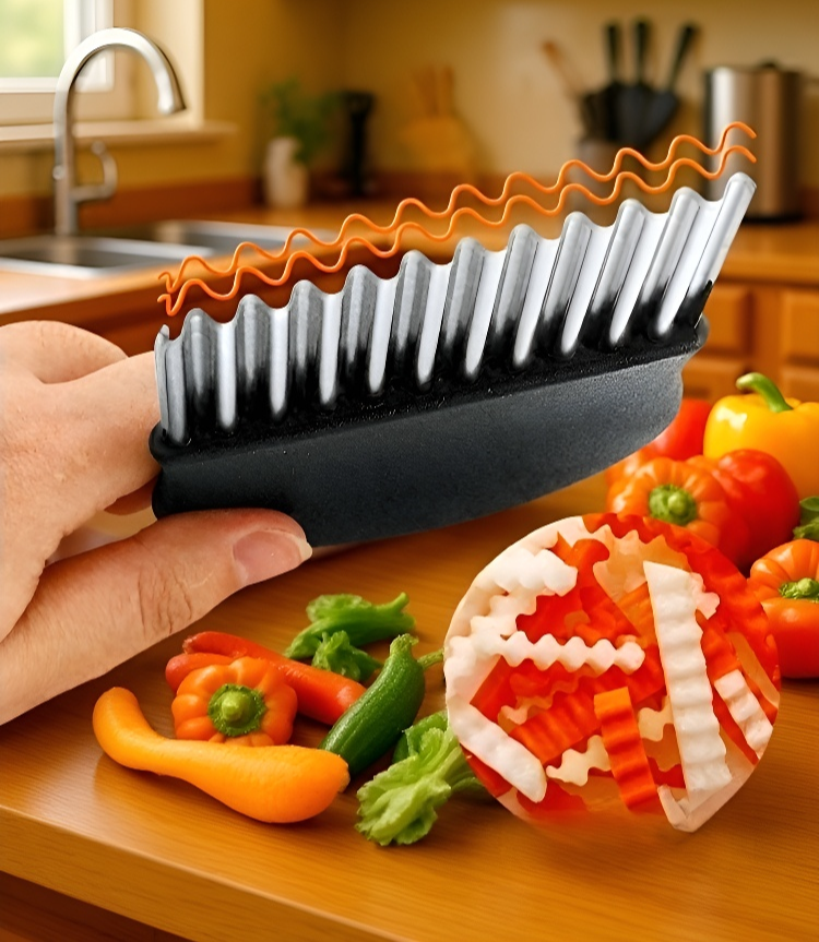 Wavy knife slicing carrots and cucumbers