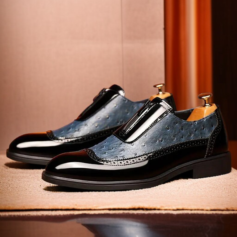 엠보 타조 무늬 구두 첼시 남성 단화 빅사이즈 정장 구두 밝은 가죽 뾰족코 남성화