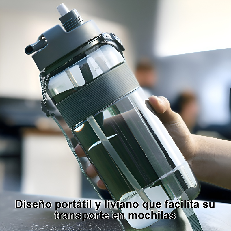 Botella de agua de plástico portátil de gran capacidad con pajita.