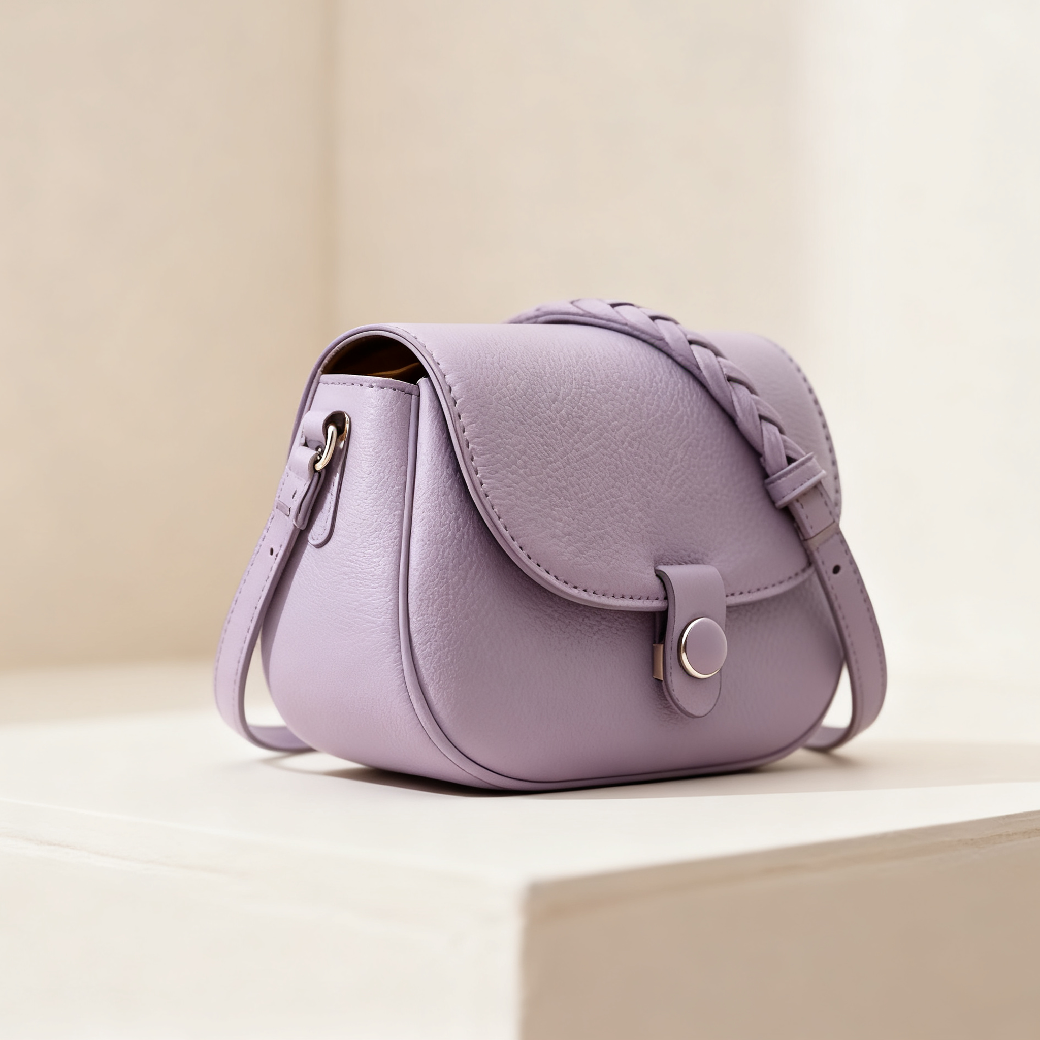 กระเป๋าสะพายข้างหนังสีม่วงหรูหรา ดีไซน์ทันสมัย