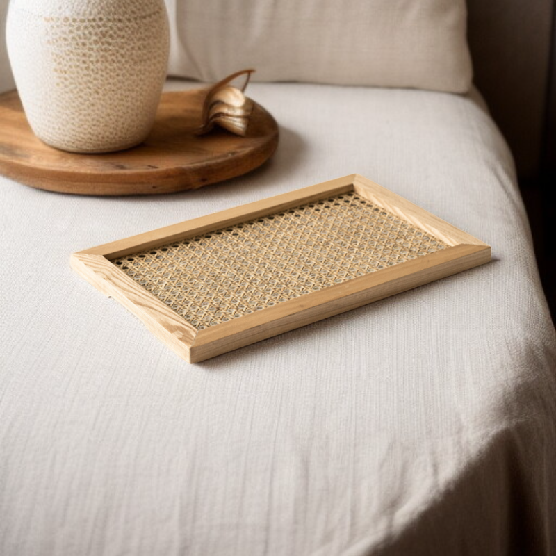 Handwoven Rattan Wooden Tray Handmade Serving Tray
