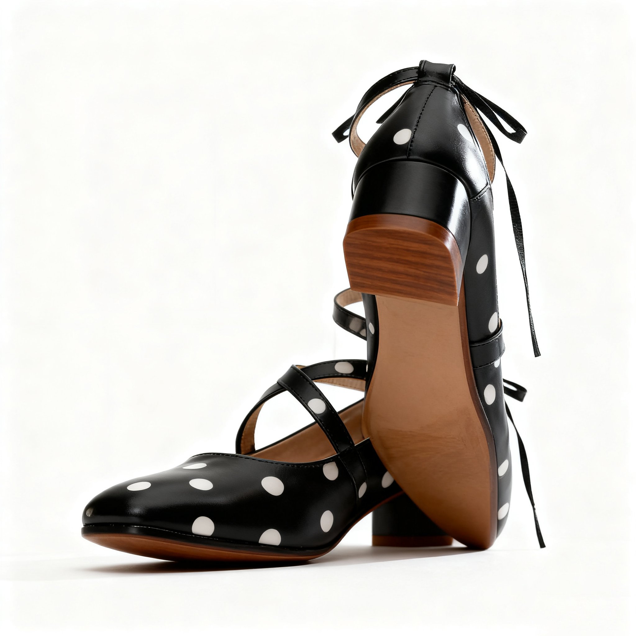 도트 디자인 중굽 여성 가죽 구두