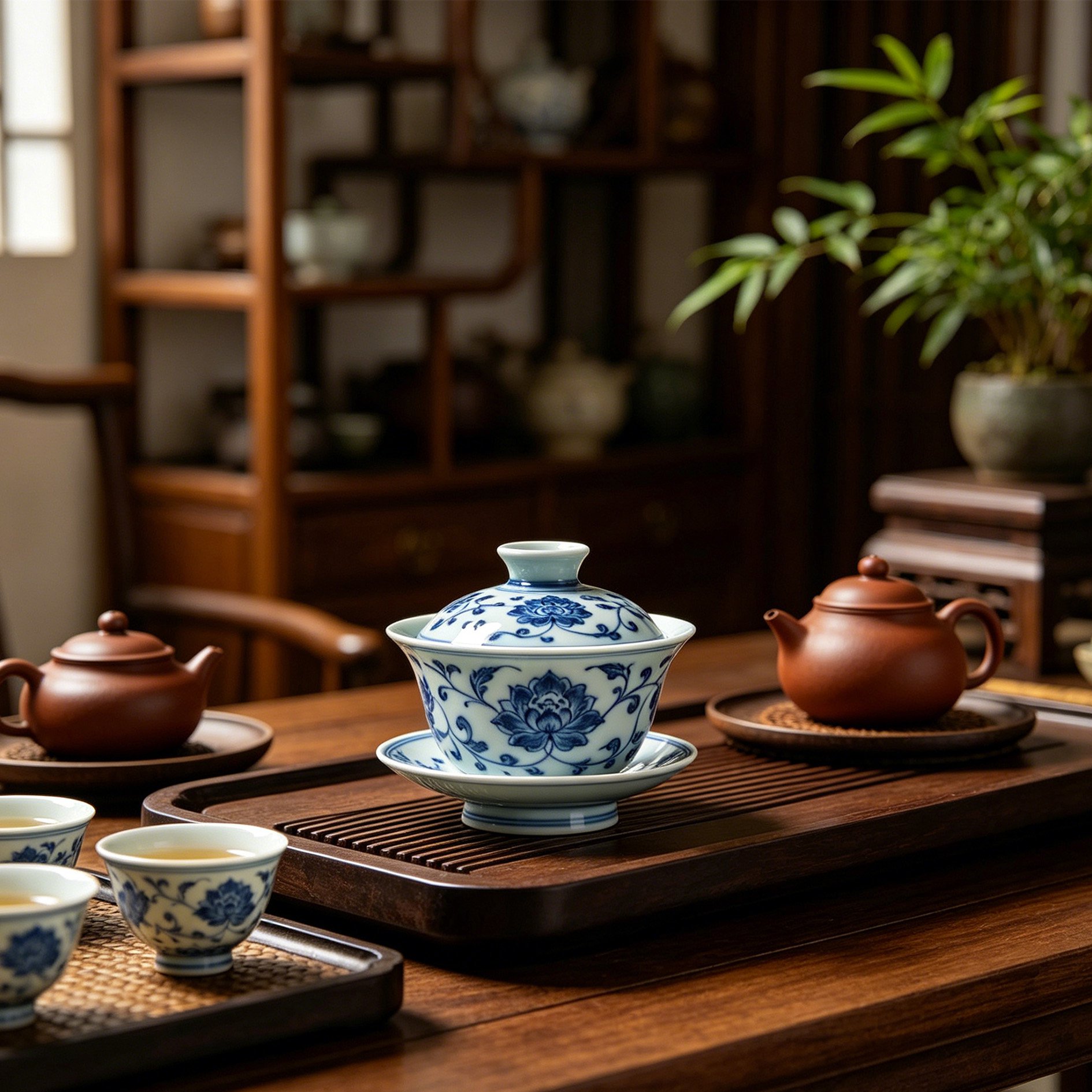 Théière en porcelaine bleue et blanche de style chinois
